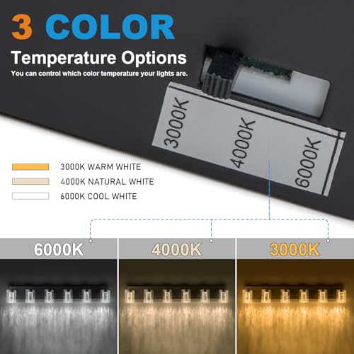 Image of SineRise Bathroom Vanity Light with 3 Color Modes (3000K /4000K /6000K), Eye Protection LED Bathroom Light Fixture, Dimmable Modern Wall Light Over Mirror with Clear Glass Shade (Black, 6-Light)
