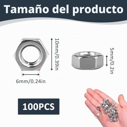 Miniatura 2 de 100 Piezas M6 Tuercas Hexagonales, Tuercas Acero Inoxidable Autoblocantes, Métricas M6 Roscadas En Acero Al Carbono Galvanizado Para Pernos Tornillos, Para Maquinaria Bricolaje Reparaciones