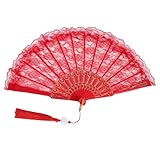 Jmkcoz Lace Handheld Folding Fan Embroidered Flower Bridal Hand Fan Chinese Japanese Vintage Fan for 1920s Costume Wedding Dancing Tea Party (1, Red)