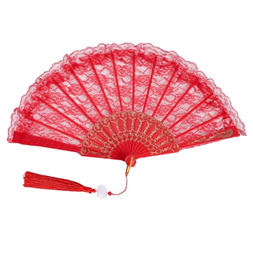 Jmkcoz Lace Handheld Folding Fan Embroidered Flower Bridal Hand Fan Chinese Japanese Vintage Fan for 1920s Costume Wedding Dancing Tea Party (1 Red)