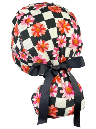 Image of Scrub Cap for Women and Men, Ponytail Scrub Caps, Working Hat, Head Cover with Ribbon Ties and Buttons, Long Hair