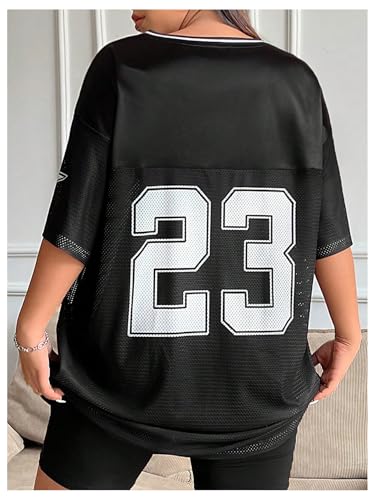 Verdusa Women's Plus Size Jersey Letter Print Sheer Tunic Dress Half Sleeve V Neck Short Tshirt Dress2