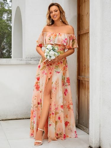 Image of Ever-Pretty Women's Summer Off The Shoulder Flowy Chiffon Formal Wedding Guest Dresses Maxi Side Split Beach Bridesmaid Dress