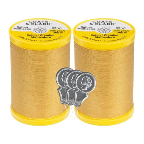 Coats & Clark Cotton All Purpose Sewing Thread 100% Mercerized Cotton 225 Yards Each Spool S970 2 Pack Bundle with 3 Bella's Crafts Needle Threaders (Temple Gold)
