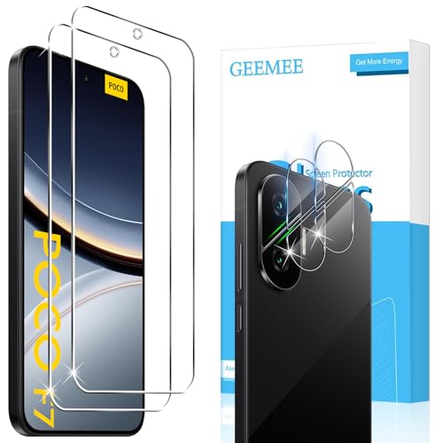 GEEMEE para Xiaomi Poco F7 de Pantalla Protector de Lente de cámara, 2+2 Piezas Cristal Templado Película Vidrio Templado, Instalación Rápida 9H Alta Definicion Glass Screen Protector