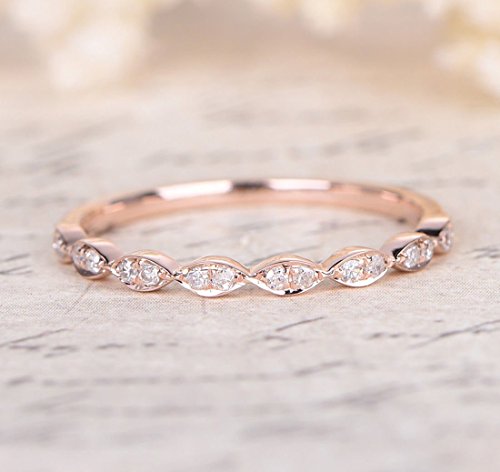 14K Solid Rose Gold Pave Diamond Wedding Band Vintage Half Eternity Anniversary Ring 14K Solid Rose Gold Pave Diamond Wedding Band Vintage Half Eternity Anniversary Ring