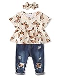 XUANHAO 12 Month Girl Clothes Baby Girl Summer Outfits Denim Short Sleeve Pant Sets Ruffle Shirt Butterfly Tops Jeans Ripped Pants Baby Clothes Girl 12-18 Months