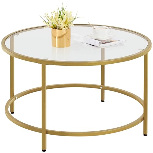 Yaheetech Round Coffee Table Tempered Glass Living Room Table with Protective Foot Pads & Metal Structure for Living Room Mustard Gold