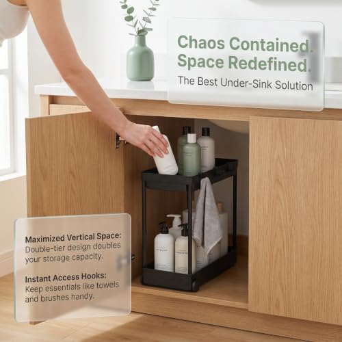 HOMSFOU Sink Bathroom Storage Organizer 2-Tier Adjustable Stainless Steel Shelf with Wheels and Hooks, No Drilling Required, Supports Heavy Bottles for Bathroom Cabinet or Kitchen - Image 4