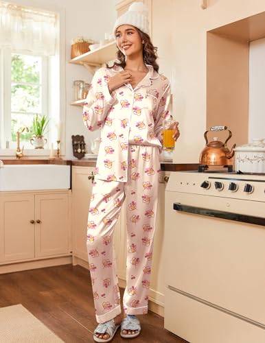 Image of Ekouaer Womens Satin Pajama Set Classic Pattern Silky Pj Sets Button Down Sleepwear Loungewear