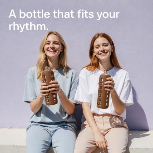 Image of purifyou 40oz / 32oz / 22oz / 12oz Borosilicate Glass Water Bottle with Time & Volume Markers, Silicone Sleeve, Stainless Steel Lid - Reusable Glass Bottle for Water & Juice (32oz Earth Brown)