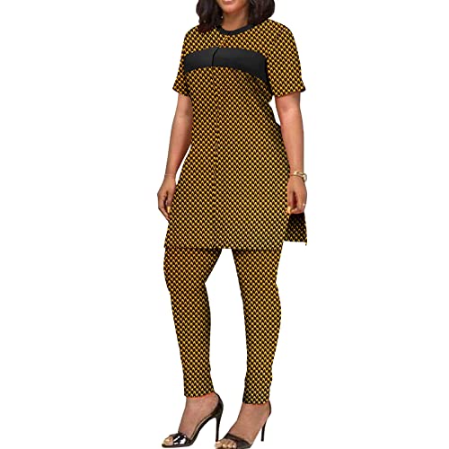 Stylish African Clothing for Women: Plus Size Dashiki Short Sleeve Shirt and Print Pants Set in Vibrant 747-12 Color
