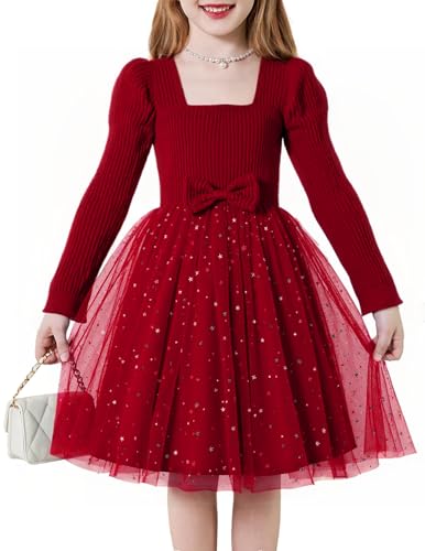 JiAmy Mädchen Kleid Langarm Kinderkleid Glitzernden Tüll...