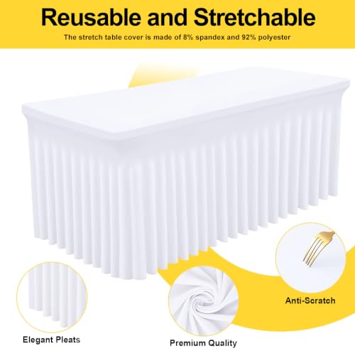 Image of Smiry 2 Pack Spandex Elastic Fitted Table Cloth Skirt for 4FT Table | Stretch Washable Table Cloth, Banquet Table Cover for Wedding, Party, Indoor & Trade Shows, (White, 48Lx30Wx30H)