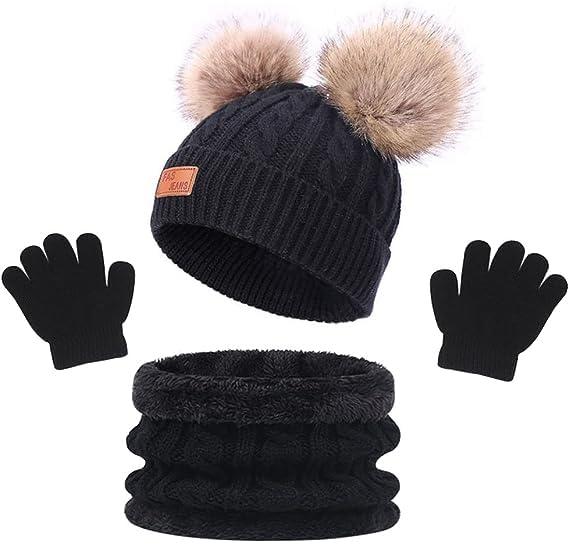 La Mejor Selección de Pasamontañas para Niño Top 10. 39 Gorro de invierno con pompón para niños, 3 en 1 Gorro Bufanda Guantes Set,Invierno de Punto Caliente Gorro sin ala Gorro Suelto,Para niños y niñas. (Negro)