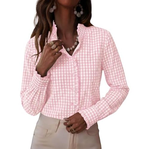 LOMON Button Down Shirts for Women Dressy Casual Long Sleeve Ruffle Blouses Office Tops Work Shirt