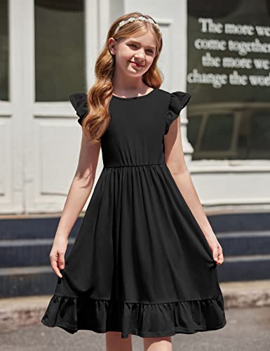 Flypigs Big Girls Trendy Dresses Summer Ruffle Sleeves Solid Holiday Beach Dress For 11-12 Years Kids Black #TOP1