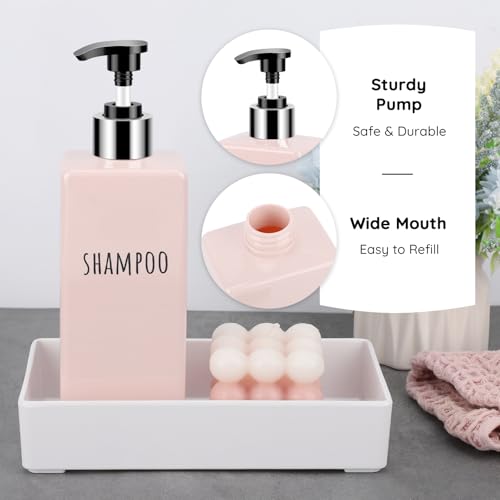 Image of Segbeauty 16.9oz Shower Bottles Refillable, 3 Pack of Shampoo and Conditioner Bottles for Bathroom, 500ml Plastic Square Soap Dispenser Set Lotion Dispenser Empty Press Pump Bottle Pink