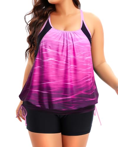 Image of Holipick Plus Size Tankini Swimsuits for Women Two Piece Tummy Control Bathing Suit Blouson Tankini Top with Shorts