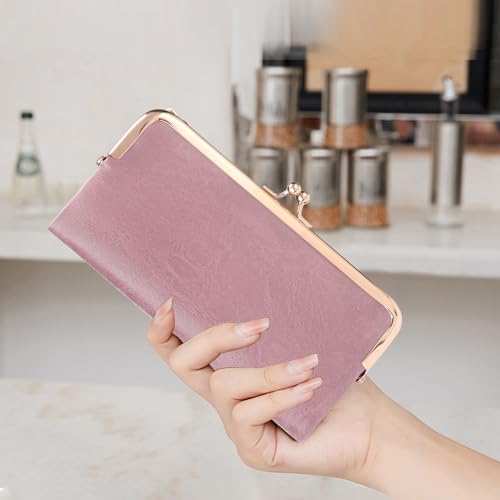 Image of GOIACII Womens Wallet Kiss Lock Bifold Leather Wallets for Women Pink | Vintage Wallet for Women,Ladies Clutch Purse,Women's Card Holder Wallet with Zipper