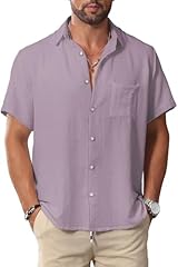 Men Button Short Sleeve Shirts Light Purple