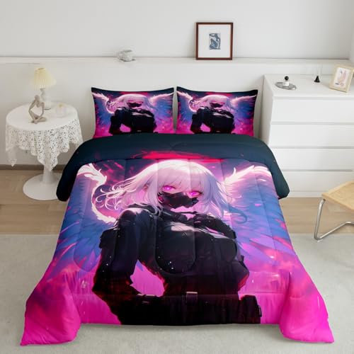 Image of Erosebridal Anime Girl with Wings Bedding Queen Size for Girls Adults, Kids Japanese Virtual Reality Comforter Cartoon Poster Style Duvet Set for Boys Teen Bedroom Decor with 2 Pillowcases