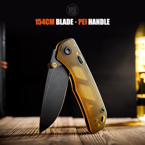 Image of Vosteed Marten EDC Folding Pocket Knife - 2.98 inch 154CM Blade - Top Liner Lock, Amber PEI Handle with Belt Clip - Camping, Hiking Knives - A1607
