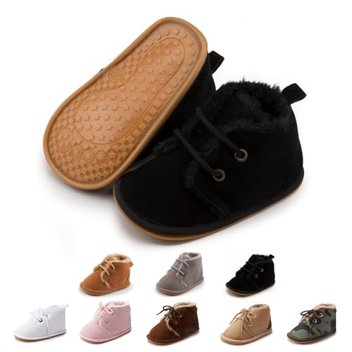 Image of Zoolar Baby Unisex Warm Snow Boots Newborn Leather Fur Lace Up Ankle Anti-Slip Rubber Texture Sole Toddler Prewalker Winter Crib Shoes