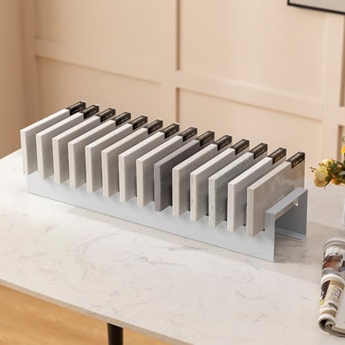 HXFAAFXH Metal Porcelain Tile Display Rack for Trade Show & Retail Stores,Floor Tile Display Stand, Building Material Display Shelf with 10 Card Slots,Floor Sample Holder for Exhibition Halls(White)