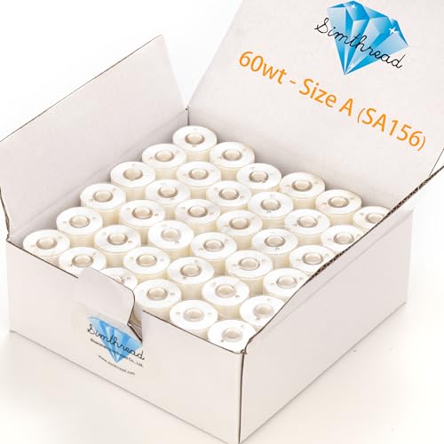 Image of Simthread 144pcs Embroidery Pre-Wound Bobbins Thread, Class 15 Type A Size SA156, Polyester White 60 wt, Compatible with Bernina Pfaff Ambition BabyLock Brother Embroidery Sewing Machines Plastic Side