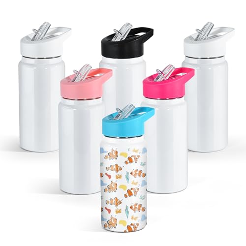 AGH 15 OZ Kids Sublimation Tumbler 6 Pack White Stainless Steel Bottles Vacuum Flask Tumblers with Sippy Up Lid and Straw Sport Kids Skinny Straight Water Cups