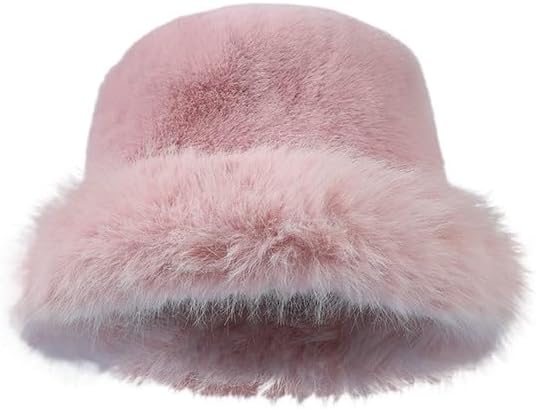 Imitation Rabbit Fur hat Women's Autumn and Winter Plush Bucket hat Solid Color Warm and Cold-Proof Fashion Basin hat (Pink)