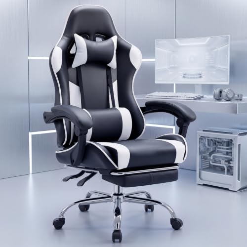 Image of Computer Gaming Chair - Ergonomic High Back PU Leather Video Racing Chair with Adjustable Headrest & Footrest, Linkage Armrest, for Office and Home, White
