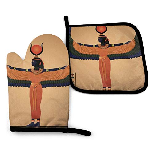 gfhfdjhf Guantes de Horno de 2 Piezas y Soporte de Olla Antiguo Egipto ISIS Goddess Impermeable Mitones de Horno de Cocina Almohadilla de Olla Resistente al Calor para Hornear Barbacoa
