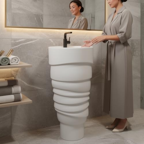 Image of Well Set Luxury Ceramic One Piece Pedestal Wash Basin | Premium Stand Wash Basin Square for Home Office Hotel | White