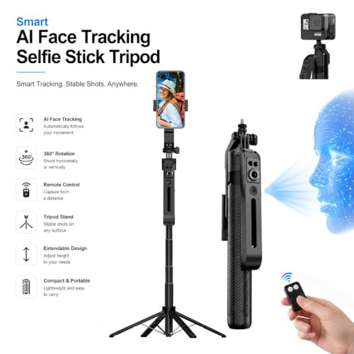 Image of Gismo AI Face Tracking Selfie Stick Tripod with 1800mAh Rechargeable Battery, Bluetooth Remote, 4-Leg Stable Stand, 360 Rotation, Extendable & Foldable Phone Holder for Android, Vlogging, Reels.