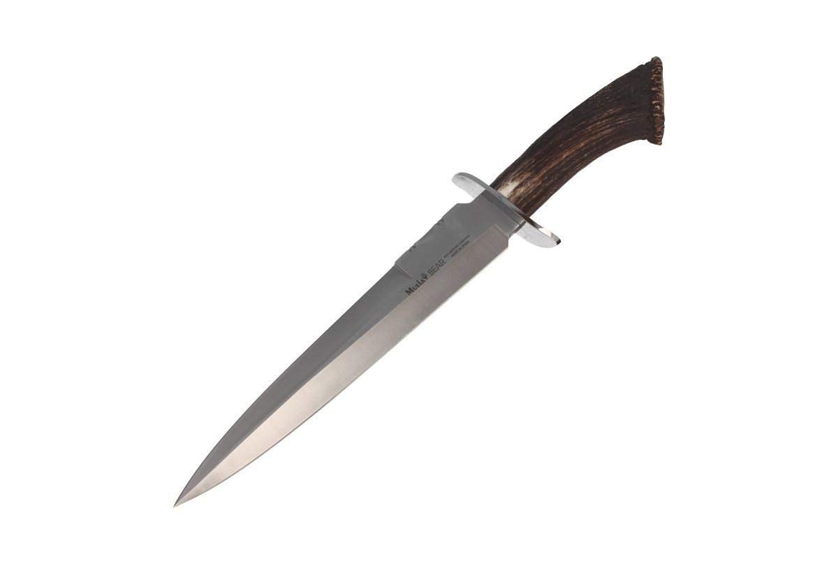 Muela Cuchillo BEAR-24S hoja de acero ACX-380 de 24,5 cm y empuñadura de asta de ciervo para Caza, Pesca, Supervivencia y Bushcraft Realizado en Ciudad Real + Portabotellas de regalo