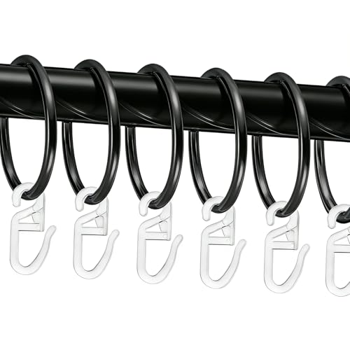 50 Stück Metall Gardinenringe und 50 Stück Kunststoff Gardinenhaken, Schwarz Vorhangringe Duschvorhangringe 32 mm Innendurchmesser (Schwarz)