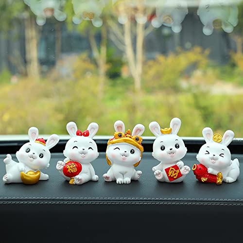 2023 - 5 figuras de conejo en miniatura para decoración de Año Nuevo chino, decoración de conejo de resina, decoración de animales para coche, salpicadero, oficina, mesa, decoración de Año Nuevo chino
