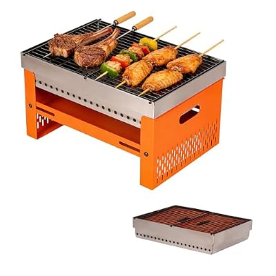 Portable Charcoal Grill, Small Tabletop BBQ, Foldable Mini Hibachi, Stainless Steel Camping Grill, Compact Outdoor Cooker for Picnic, Tailgating (Orange)