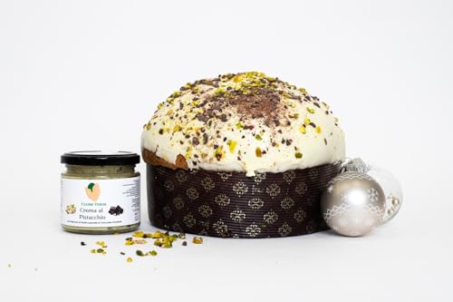 Panettone Artesanal de Pistacho con chocolate negro (750g.) con Tarro de Crema de Pistacho con virutas de Chocolate negro (200 g.) Dulce Tradicional Navideño.