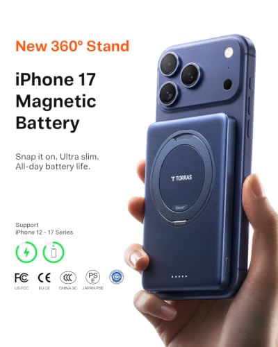 Image of TORRAS Ostand MiniMag 5000mAh Slim Magnetic Battery Pack with 360 Stand | Blue Wireless Portable Charger Compatible with iPhone, 360 stand, ultra slim, travel safe, pocket friendly, USB-C charging