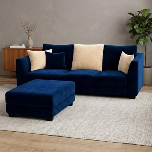 Image of SOCOZI Trevano 4 Seater L Shape Sofa Set with Movable Ottoman | Flexible Left or Right Layout | Soft Velvet Suede Fabric | Modern Design | Plush Comfort Cushions for Living Room (Dark Blue-Cream)