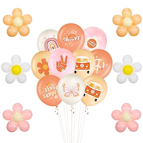 Hiboom 72 Pcs Groovy Retro Hippie Balloons Boho Peace Party Decor 12 Inch Rainbow Daisy Flower Butterfly Peace Sign Latex Balloons for Kids Girls Two Groovy Birthday Party Decoration Supply(Boho)
