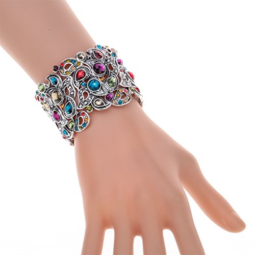 Yacq Women's Flower Stretch Cuff Bracelet Fit Wrist Size 6-1/2 To 7-1/2 Inch - Comfortable Elastic Band & Floral Pattern Crystal Jewelry - Lead & Nickle Free - Halloween Costume Outfit (Multi-Color) #TOP3