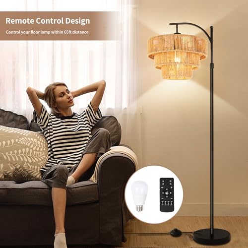 Illmtw Boho Floor Lamp For Living Room With Remote,Arc Floor Lamps Rattan Standing Lamp Dimmable Farmhouse Tall Lamp With 3-Tier Wicker Lamp Shade Adjustable Black Floor Light For Bedroom Bohemian thumb #3