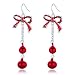 Lightweight Christmas Red Bow Knot Piercing Dangle Earrings Jingle Tassels Silver Plated Women Girls Holiday Gift