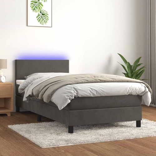 GeenYuu Sommier à Lattes tapissier Gris foncé 80x200 cm avec Matelas à Ressorts ensachés, tête de lit réglable, Bande LED intégrée et surmatelas Doux pour Chambre Adulte ou Enfant