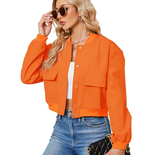 Zando Orange Spring Jackets for Women 2026 - Orange Bomber Jacket Women Button Down Cropped Jackets for Womens with Pockets Long Sleeve Varsity Jacket Womens for Daily Outdoor Travel Party School M