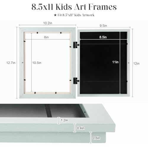 Image of [2-Pack] Kids Art Frames, 8.5x11 Front Opening Kids Artwork Frames Changeable, Pale Green Artwork Display Storage Frame for Wall, Holds 50 Pcs, for 3D Picture, Crafts, Children Drawing, Hanging Art,